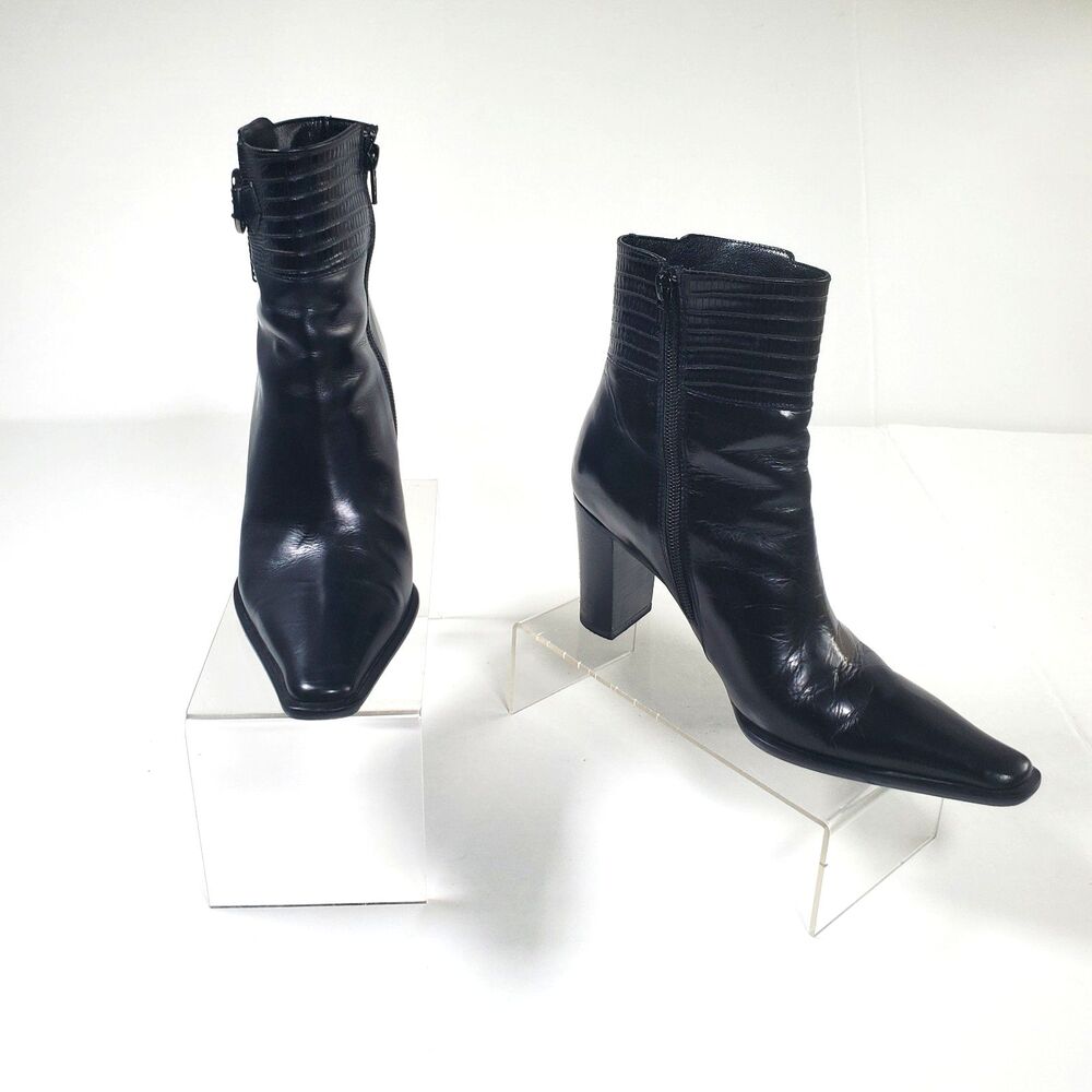 Via Spiga Women’s Booties Size 7.5M Black Leather Stacked Heel Ankle Boots
